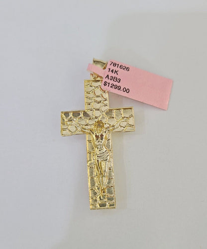 14k Yellow Gold Chain Cross Charm Set Miami Cuban Link Necklace Pendant DISCOUNT