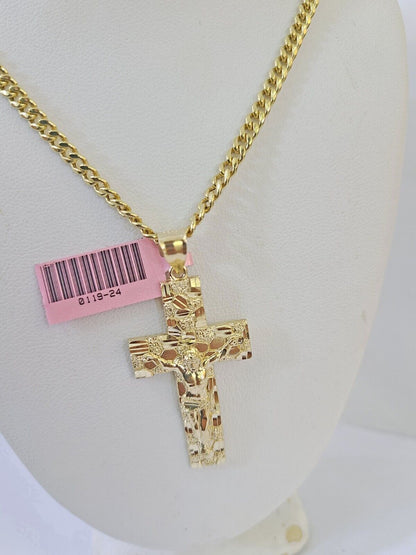 14k Yellow Gold Chain Cross Charm Set Miami Cuban Link Necklace Pendant DISCOUNT