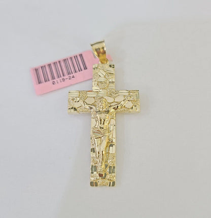 14k Yellow Gold Chain Cross Charm Set Miami Cuban Link Necklace Pendant DISCOUNT