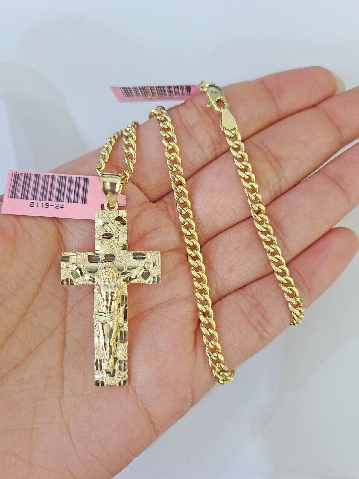 14k Yellow Gold Chain Cross Charm Set Miami Cuban Link Necklace Pendant DISCOUNT
