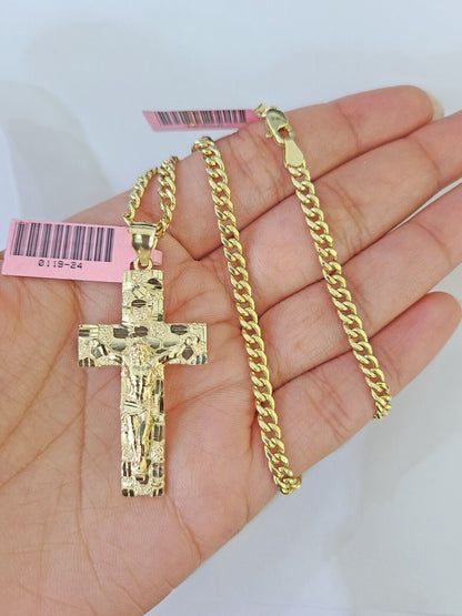 14k Yellow Gold Chain Cross Charm Set Miami Cuban Link Necklace Pendant DISCOUNT