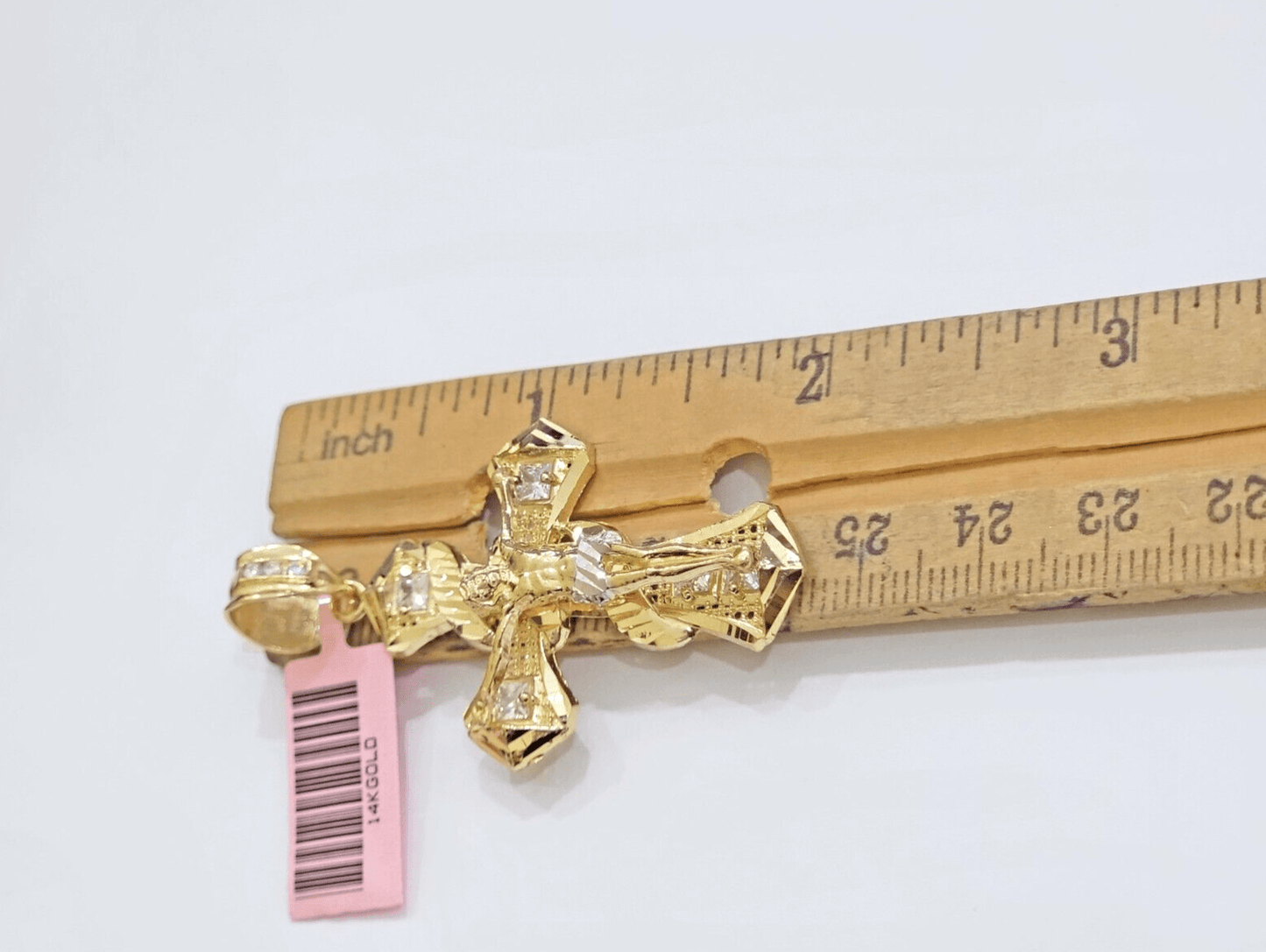 14k Yellow Gold Cross Charm Jesus Pendant 2 Inch CZ Crucifix For Chain 14kt SALE - Reva Jeweler
