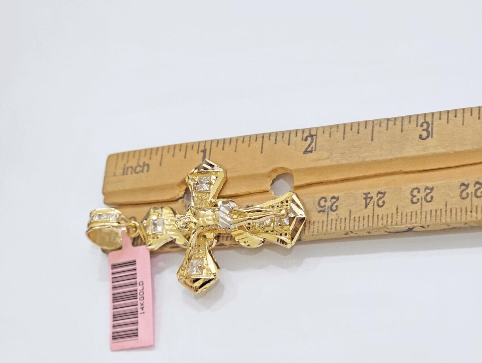 14k Yellow Gold Cross Charm Jesus Pendant 2 Inch CZ Crucifix For Chain 14kt SALE - Reva Jeweler