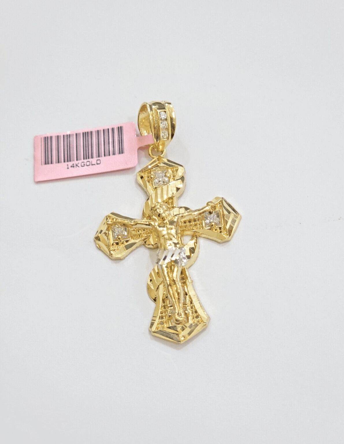 14k Yellow Gold Cross Charm Jesus Pendant 2 Inch CZ Crucifix For Chain 14kt SALE - Reva Jeweler