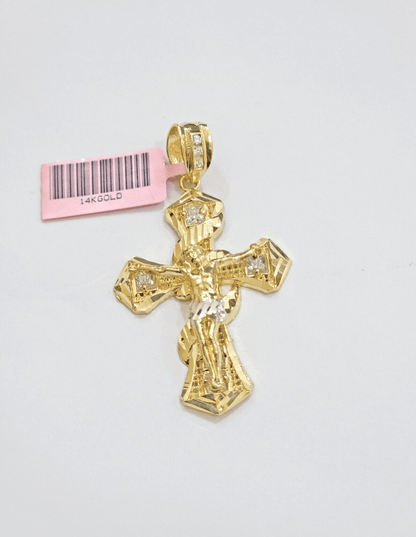 14k Yellow Gold Cross Charm Jesus Pendant 2 Inch CZ Crucifix For Chain 14kt SALE - Reva Jeweler