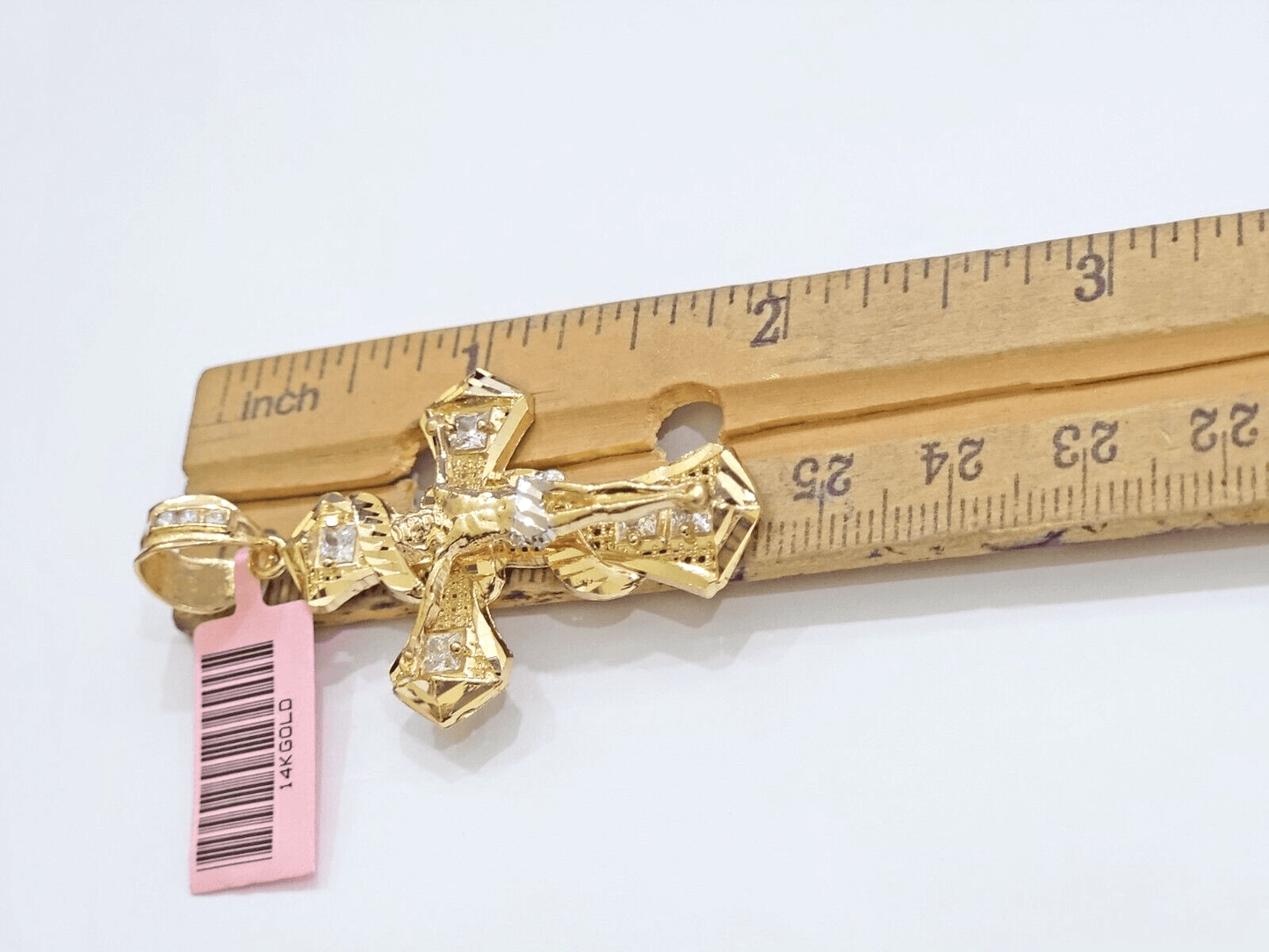 14k Yellow Gold Cross Charm Jesus Pendant 2 Inch CZ Crucifix For Chain 14kt SALE - Reva Jeweler