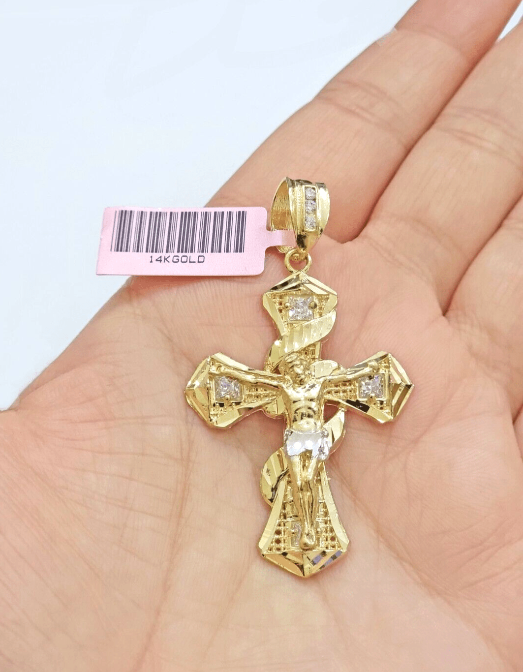 14k Yellow Gold Cross Charm Jesus Pendant 2 Inch CZ Crucifix For Chain 14kt SALE - Reva Jeweler