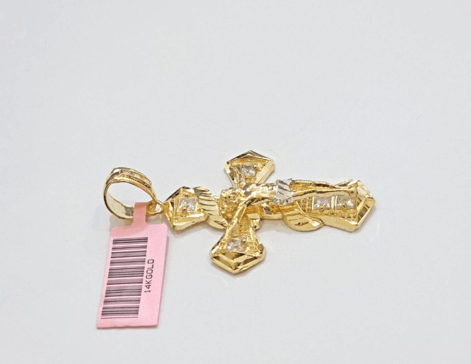 14k Yellow Gold Cross Charm Jesus Pendant 2 Inch CZ Crucifix For Chain 14kt SALE - Reva Jeweler