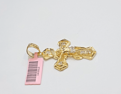 14k Yellow Gold Cross Charm Jesus Pendant 2 Inch CZ Crucifix For Chain 14kt SALE - Reva Jeweler