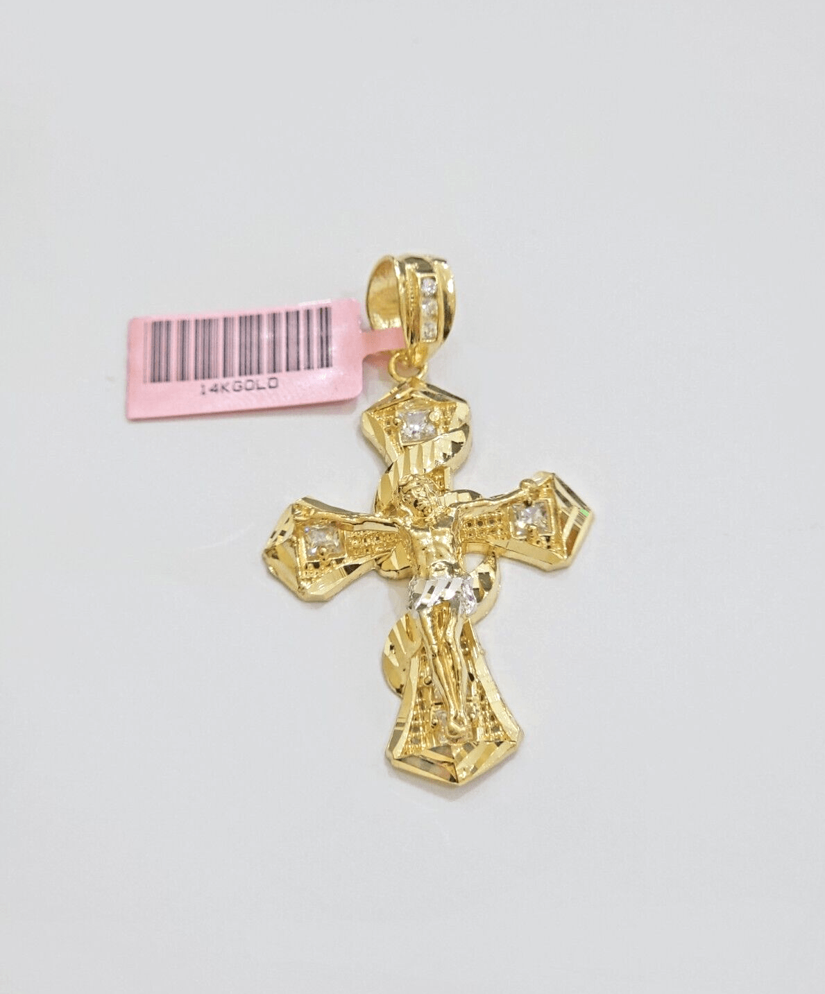 14k Yellow Gold Cross Charm Jesus Pendant 2 Inch CZ Crucifix For Chain 14kt SALE - Reva Jeweler