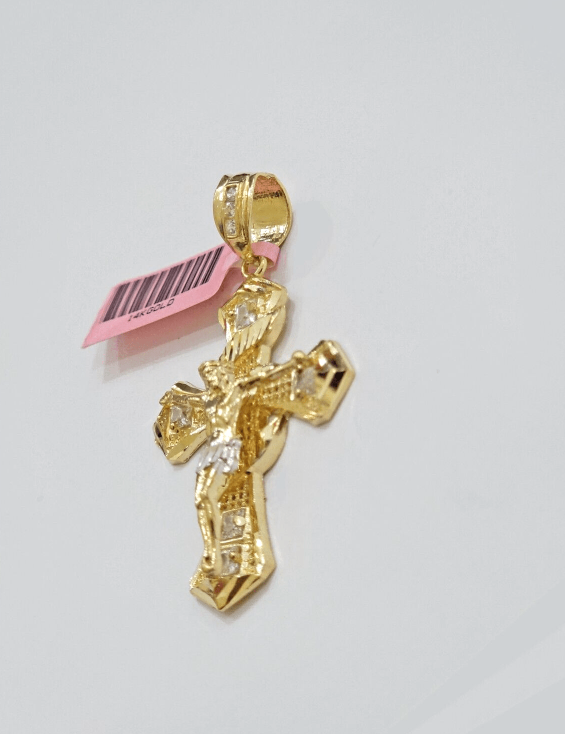 14k Yellow Gold Cross Charm Jesus Pendant 2 Inch CZ Crucifix For Chain 14kt SALE - Reva Jeweler