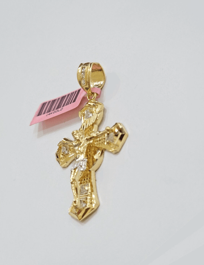 14k Yellow Gold Cross Charm Jesus Pendant 2 Inch CZ Crucifix For Chain 14kt SALE - Reva Jeweler
