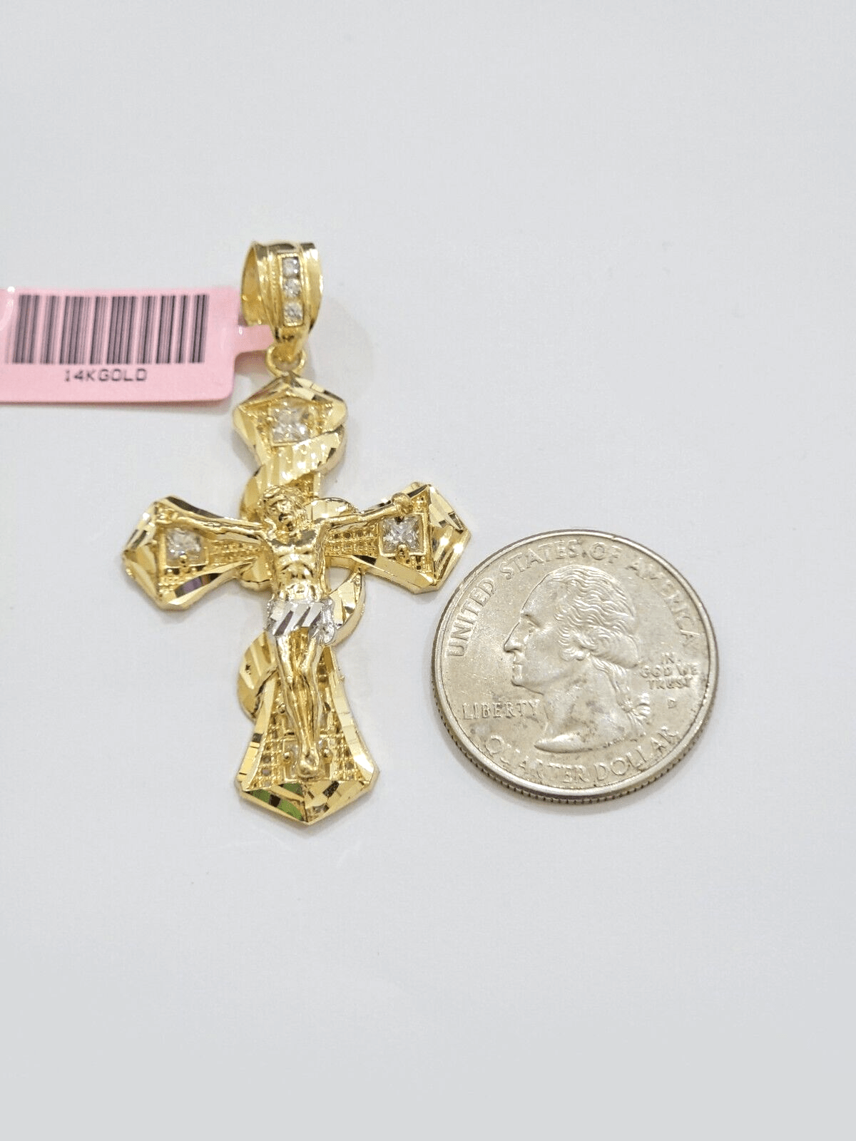 14k Yellow Gold Cross Charm Jesus Pendant 2 Inch CZ Crucifix For Chain 14kt SALE - Reva Jeweler