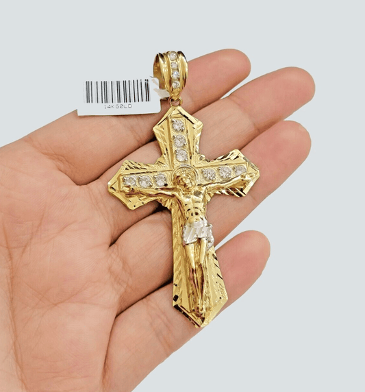 14k Yellow Gold Cross Charm Pendant Jesus Crucifix 3" With Stone Mens REAL 14kt - Reva Jeweler