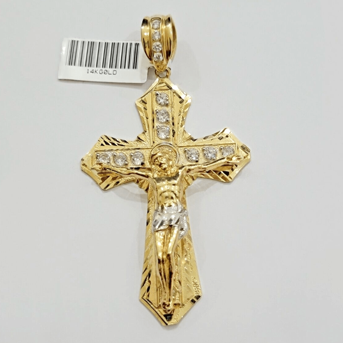 14k Yellow Gold Cross Charm Pendant Jesus Crucifix 3" With Stone Mens REAL 14kt - Reva Jeweler