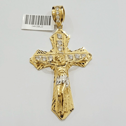 14k Yellow Gold Cross Charm Pendant Jesus Crucifix 3" With Stone Mens REAL 14kt - Reva Jeweler
