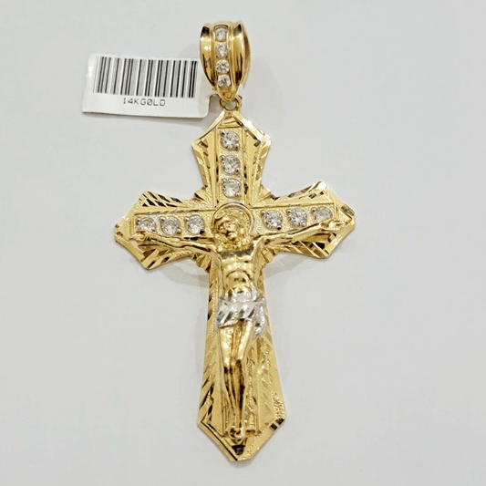 14k Yellow Gold Cross Charm Pendant Jesus Crucifix 3" With Stone Mens REAL 14kt - Reva Jeweler