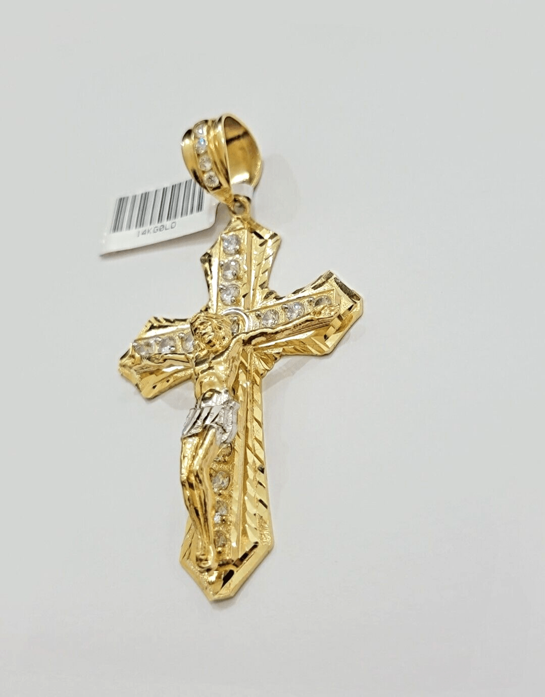 14k Yellow Gold Cross Charm Pendant Jesus Crucifix 3" With Stone Mens REAL 14kt - Reva Jeweler