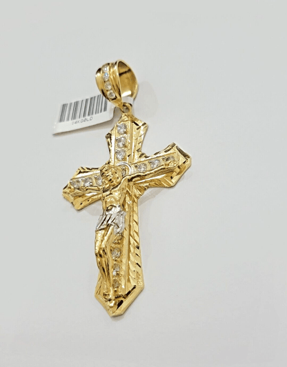14k Yellow Gold Cross Charm Pendant Jesus Crucifix 3" With Stone Mens REAL 14kt - Reva Jeweler