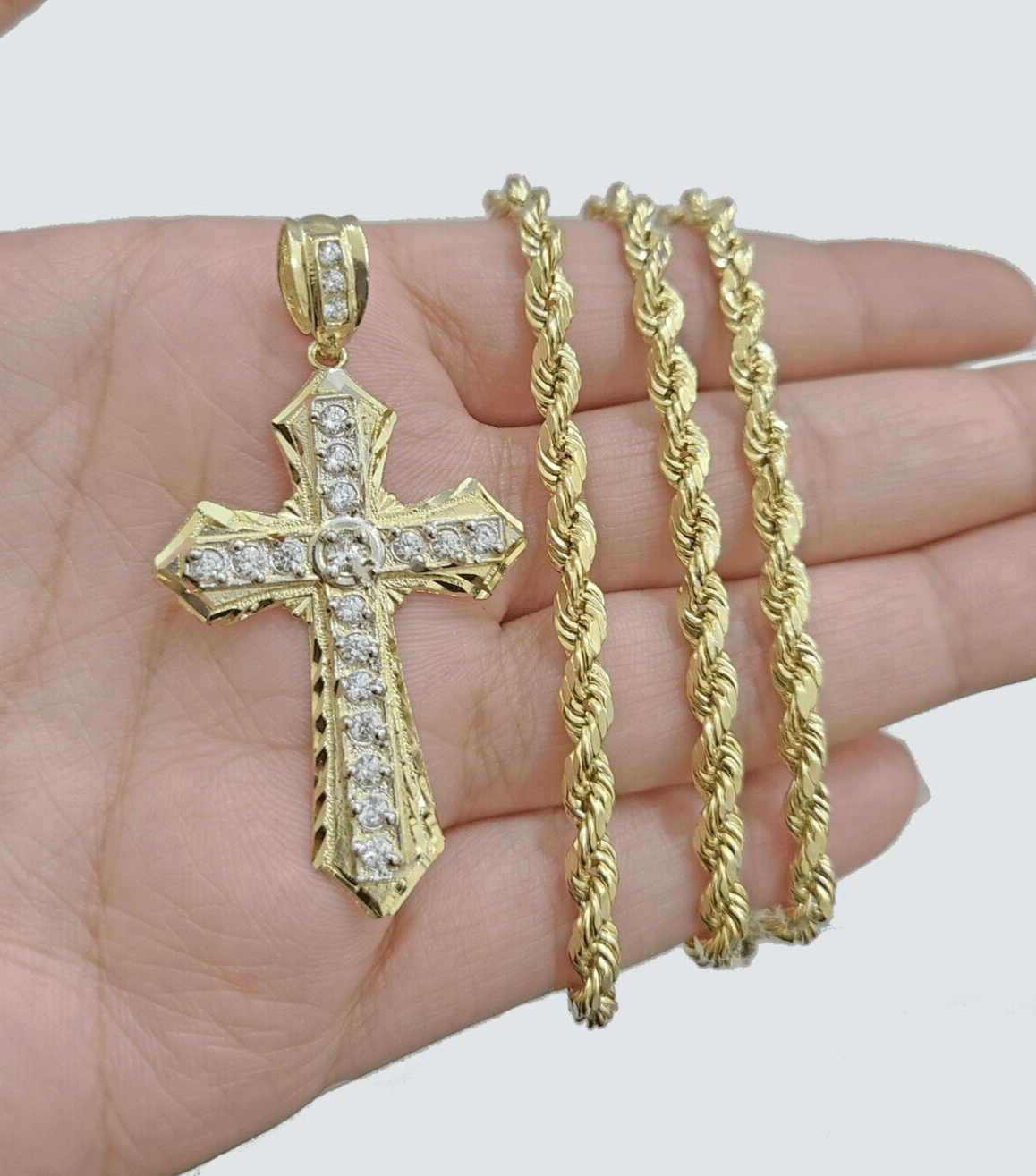 14k Yellow Gold Cross Charm Rope Chain Necklace 4mm 24'' Pendant 14kt Jesus Real - Reva Jeweler