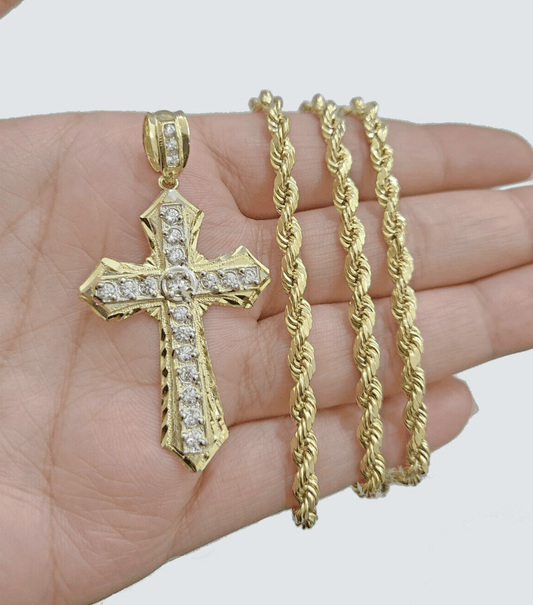14k Yellow Gold Cross Charm Rope Chain Necklace 4mm 24'' Pendant 14kt Jesus Real - Reva Jeweler