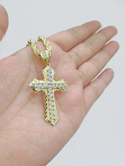 14k Yellow Gold Cross Charm Rope Chain Necklace 4mm 24'' Pendant 14kt Jesus Real - Reva Jeweler