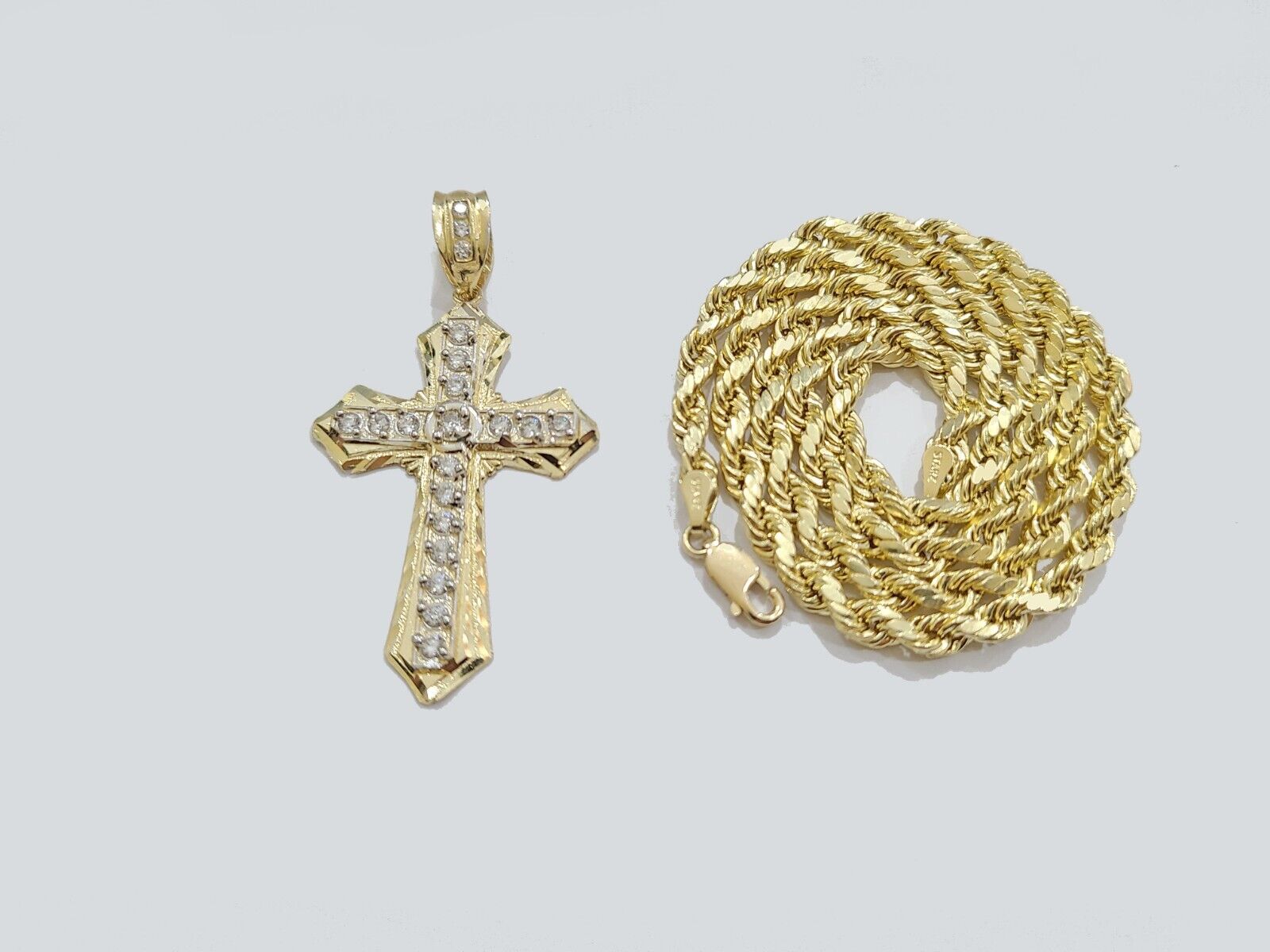 14k Yellow Gold Cross Charm Rope Chain Necklace 4mm 24'' Pendant 14kt Jesus Real - Reva Jeweler