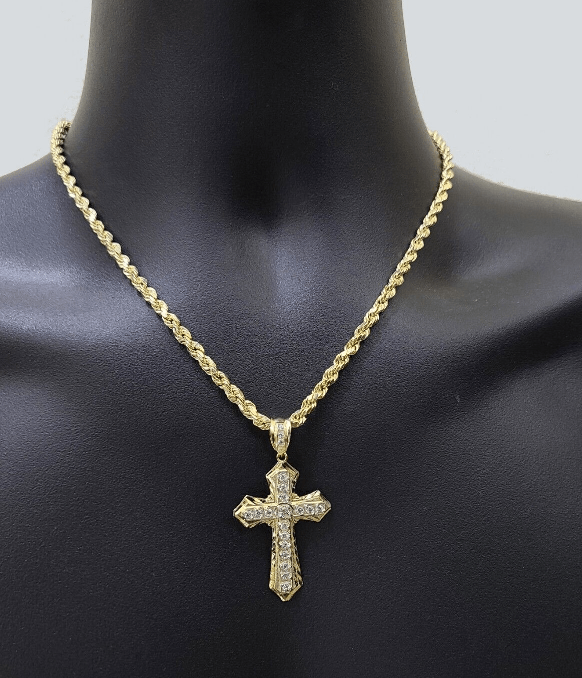 14k Yellow Gold Cross Charm Rope Chain Necklace 4mm 24'' Pendant 14kt Jesus Real - Reva Jeweler