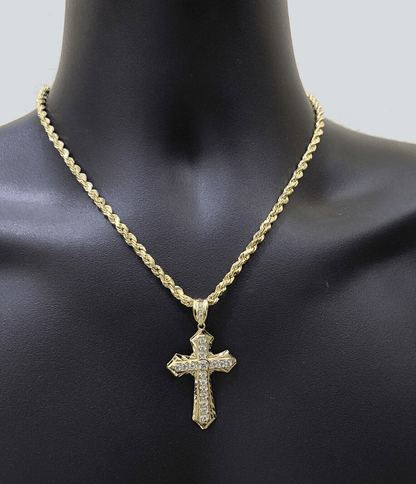 14k Yellow Gold Cross Charm Rope Chain Necklace 4mm 24'' Pendant 14kt Jesus Real - Reva Jeweler