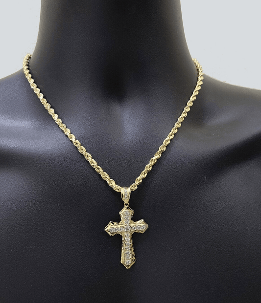 14k Yellow Gold Cross Charm Rope Chain Necklace 4mm 24'' Pendant 14kt Jesus Real - Reva Jeweler