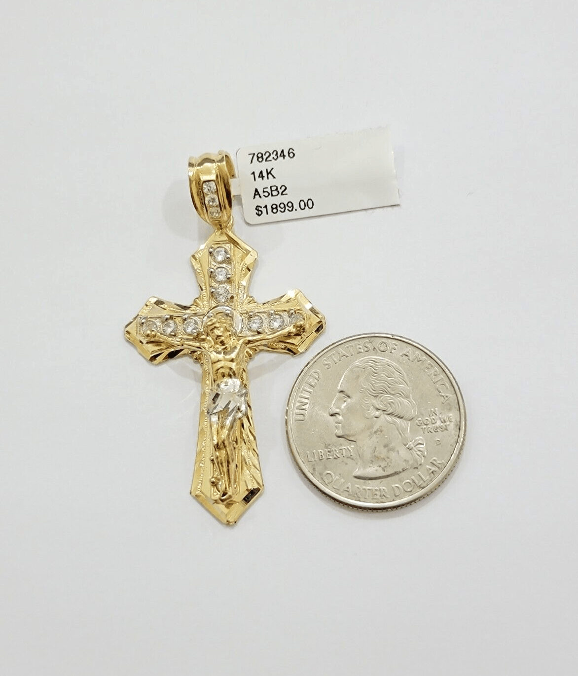 14k Yellow Gold Cross Jesus Crucifix Pendant 2 Inch 14kt CZ Charm Mens REAL 14kt - Reva Jeweler
