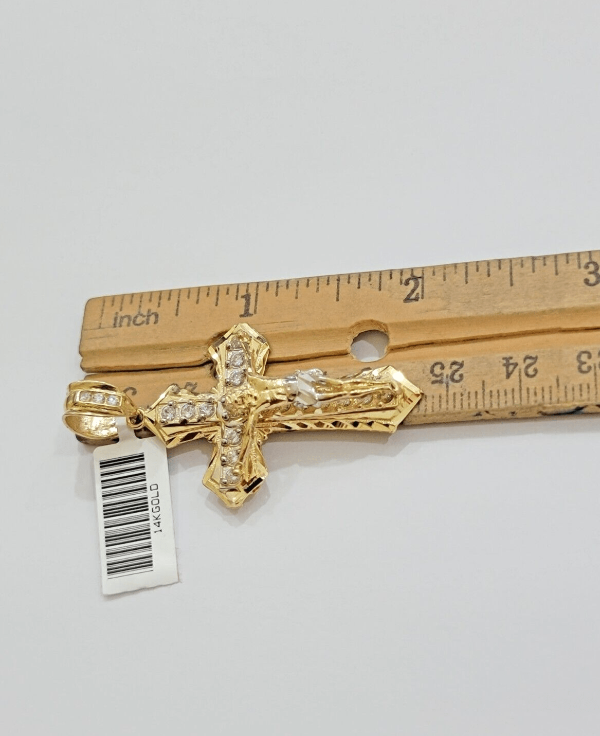 14k Yellow Gold Cross Jesus Crucifix Pendant 2 Inch 14kt CZ Charm Mens REAL 14kt - Reva Jeweler