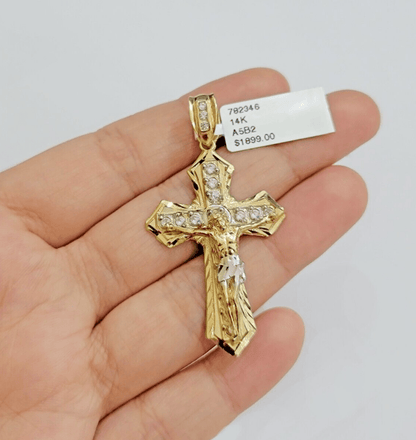 14k Yellow Gold Cross Jesus Crucifix Pendant 2 Inch 14kt CZ Charm Mens REAL 14kt - Reva Jeweler