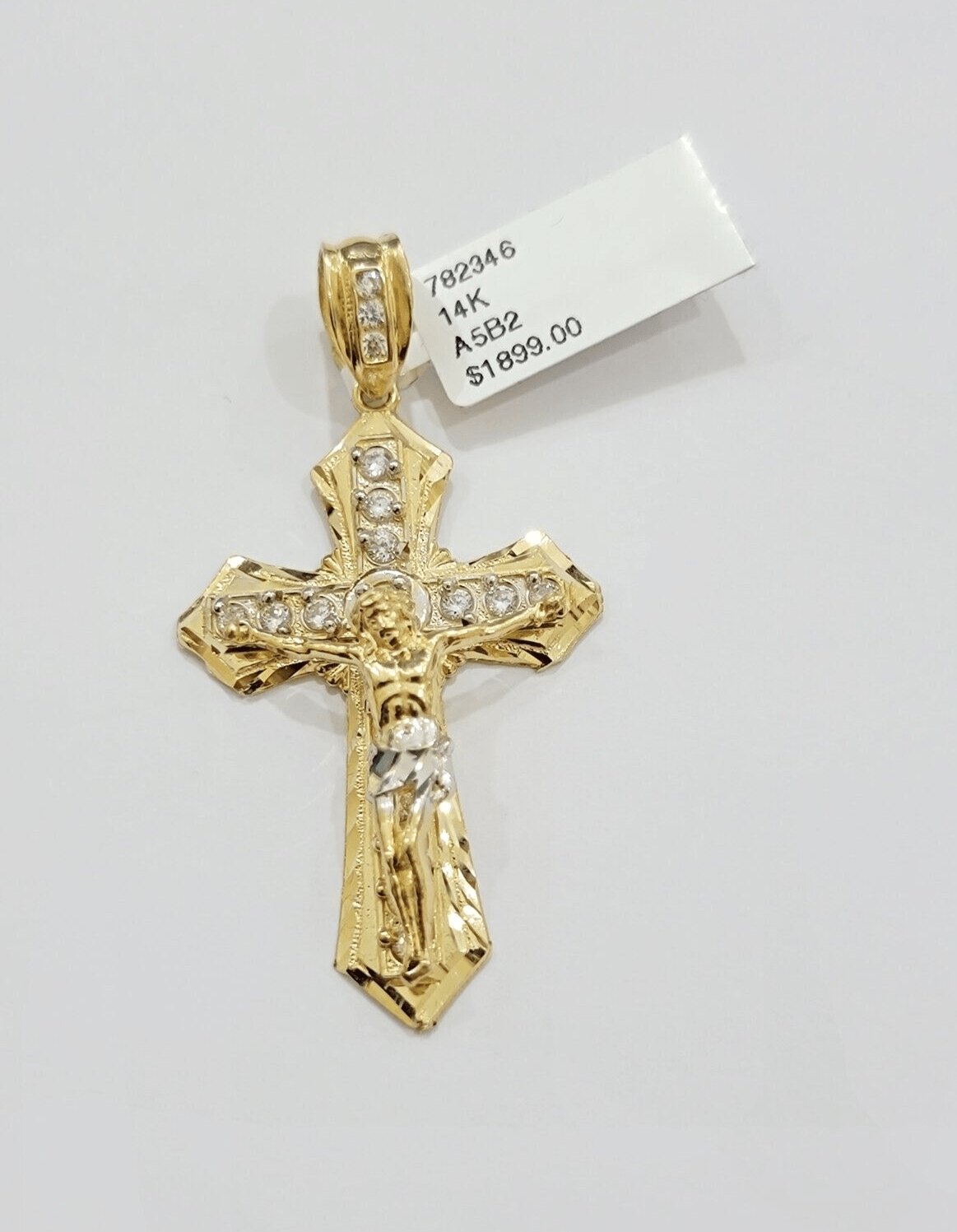 14k Yellow Gold Cross Jesus Crucifix Pendant 2 Inch 14kt CZ Charm Mens REAL 14kt - Reva Jeweler