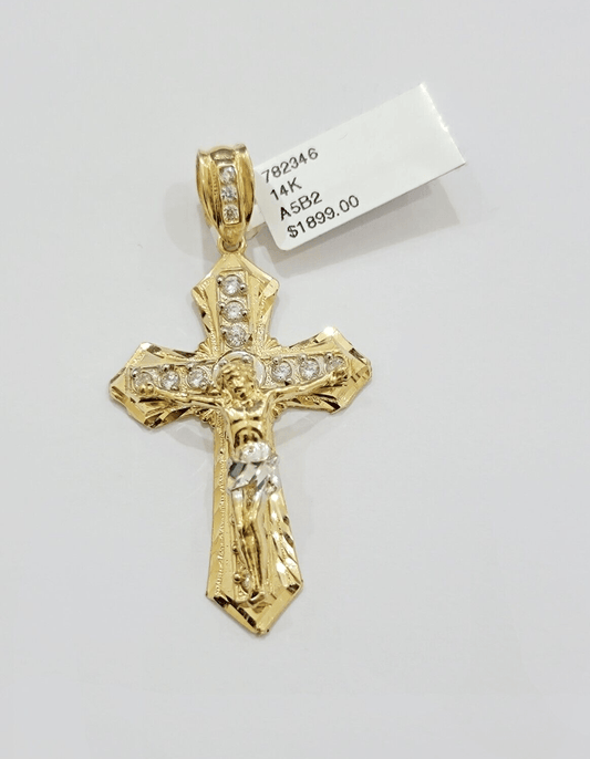 14k Yellow Gold Cross Jesus Crucifix Pendant 2 Inch 14kt CZ Charm Mens REAL 14kt - Reva Jeweler