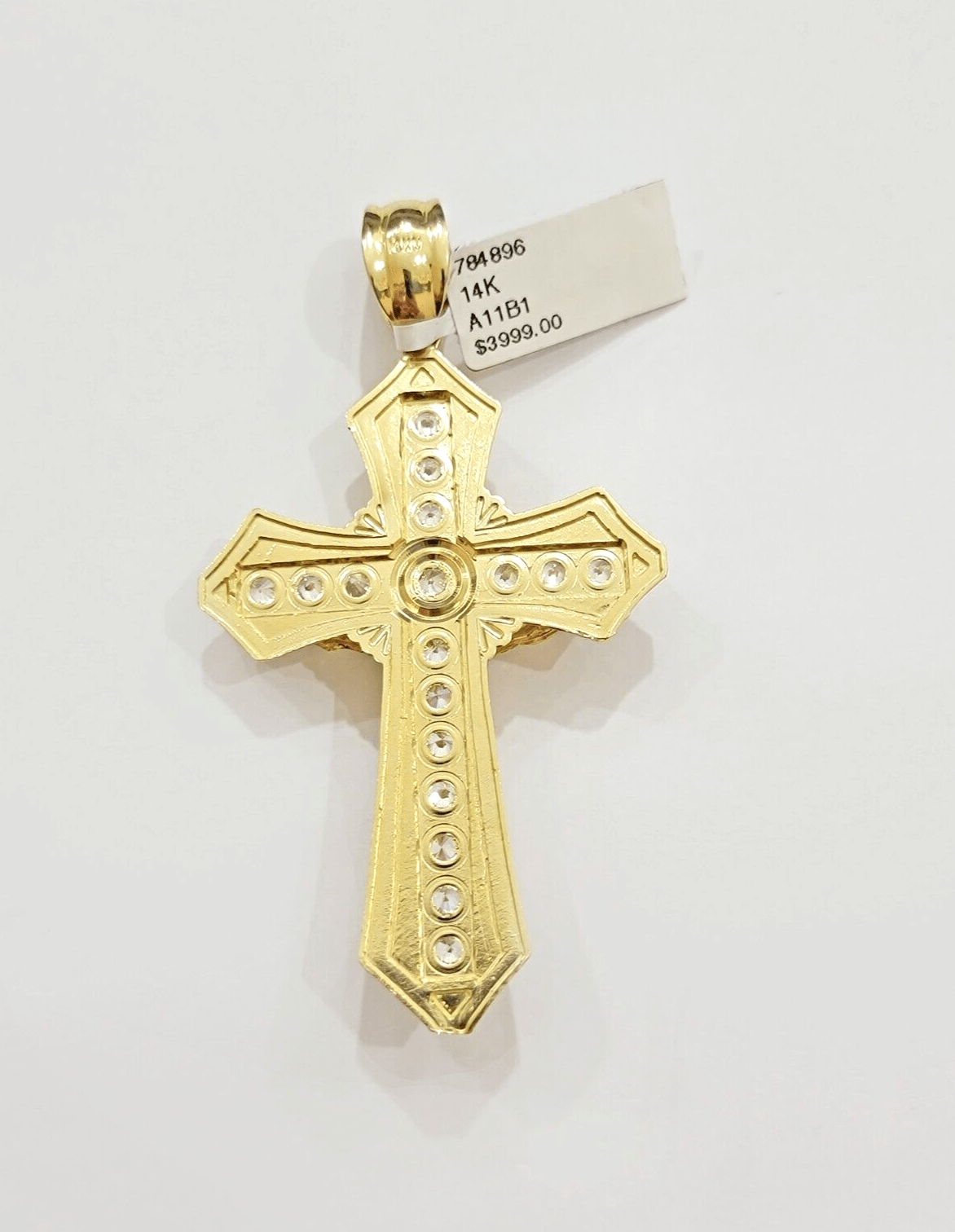 14k Yellow Gold Cross Jesus Crucifix Pendant 3 Inch 14kt CZ Charm Mens REAL 14kt - Reva Jeweler