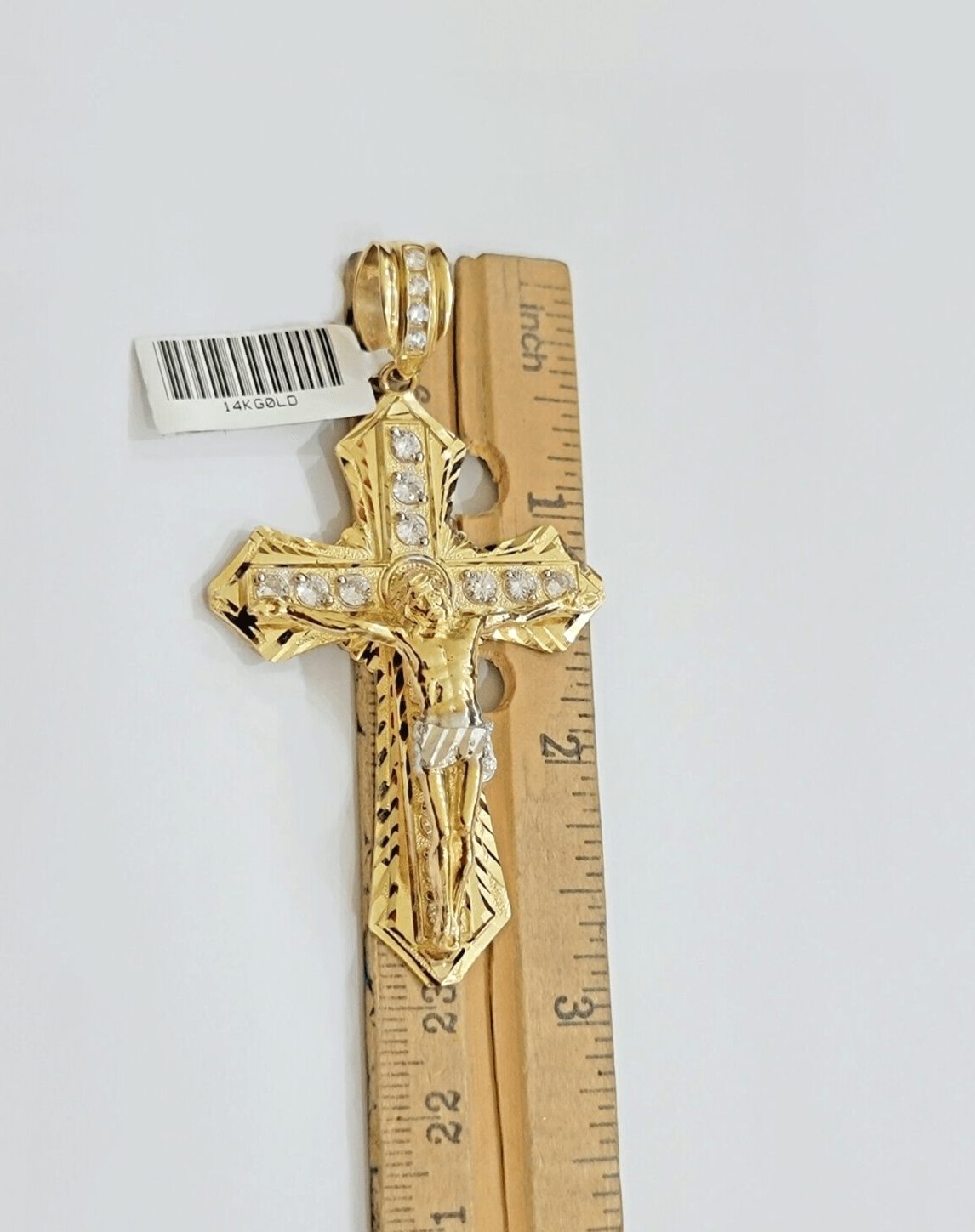 14k Yellow Gold Cross Jesus Crucifix Pendant 3 Inch 14kt CZ Charm Mens REAL 14kt - Reva Jeweler