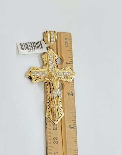 14k Yellow Gold Cross Jesus Crucifix Pendant 3 Inch 14kt CZ Charm Mens REAL 14kt - Reva Jeweler