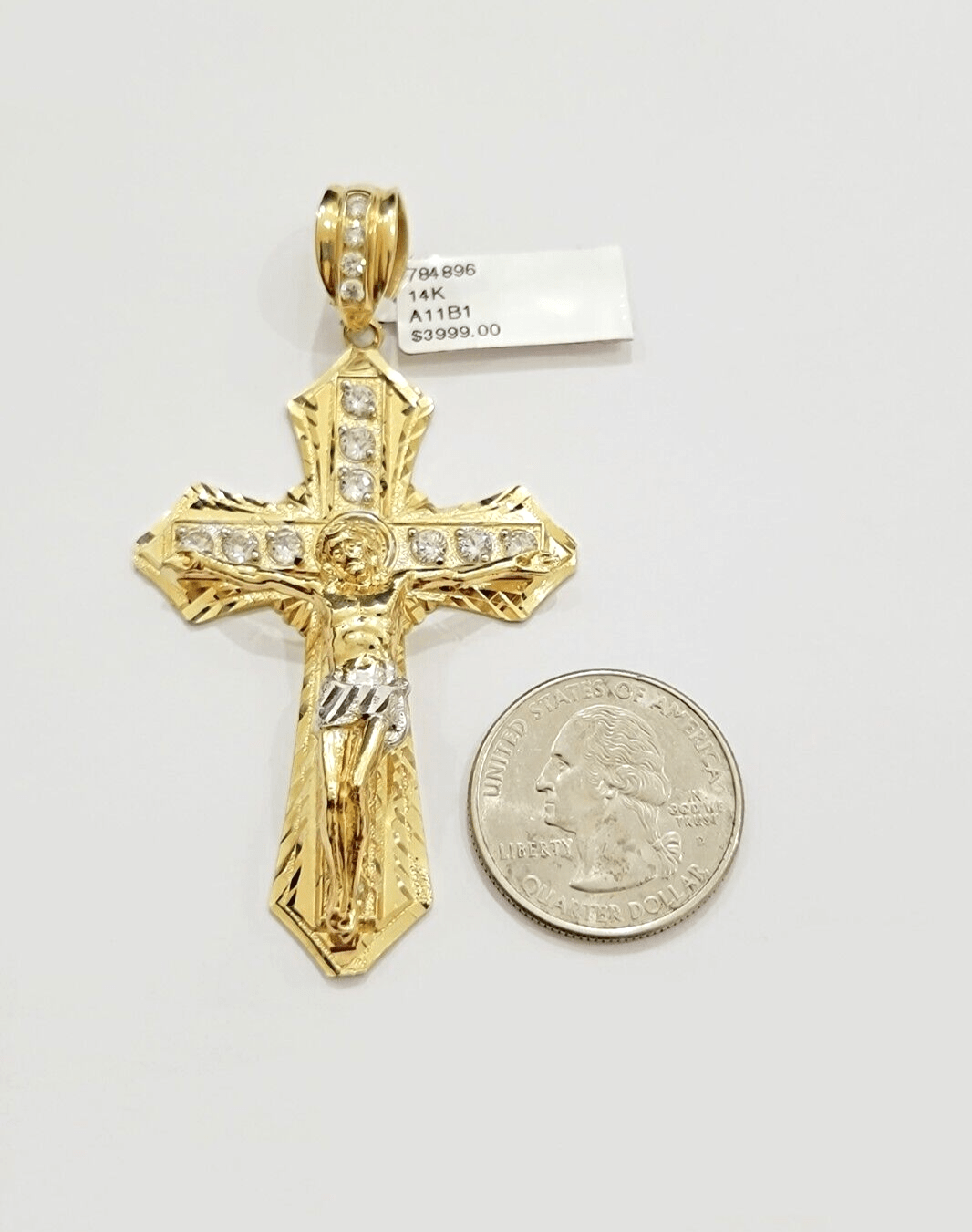 14k Yellow Gold Cross Jesus Crucifix Pendant 3 Inch 14kt CZ Charm Mens REAL 14kt - Reva Jeweler