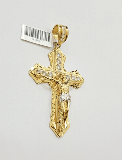14k Yellow Gold Cross Jesus Crucifix Pendant 3 Inch 14kt CZ Charm Mens REAL 14kt - Reva Jeweler