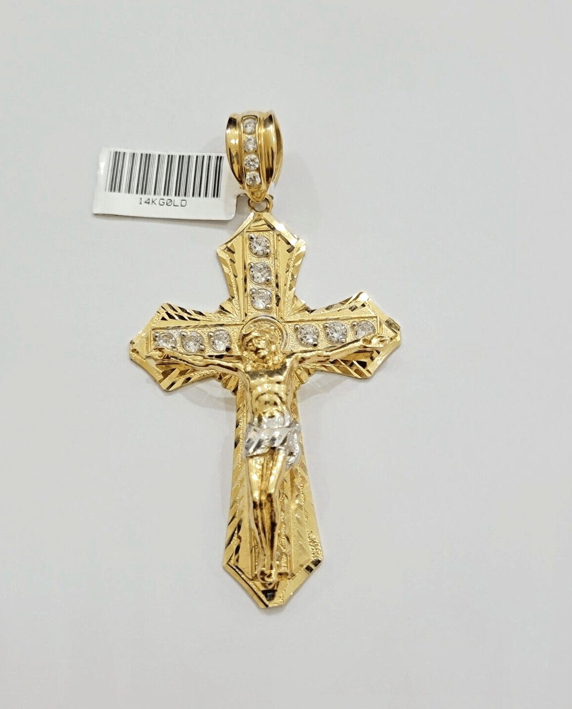 14k Yellow Gold Cross Jesus Crucifix Pendant 3 Inch 14kt CZ Charm Mens REAL 14kt - Reva Jeweler