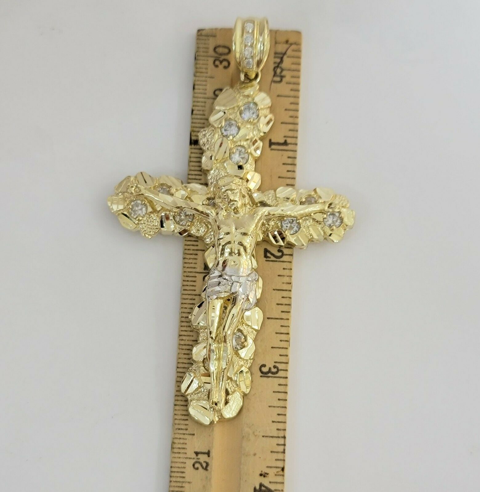 14k Yellow Gold Cross Nugget Jesus Crucifix Pendant 3.5 Inch 14kt Gold Mens REAL - Reva Jeweler