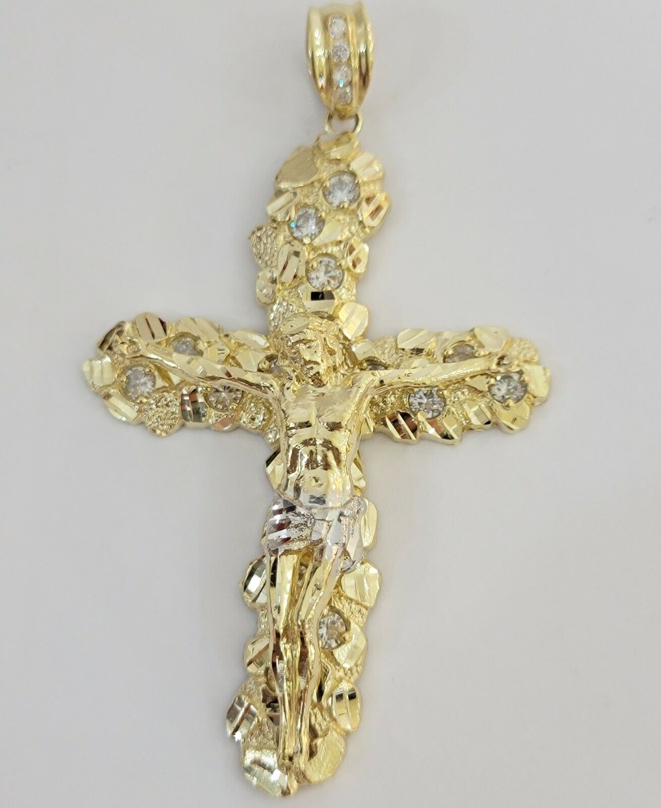 14k Yellow Gold Cross Nugget Jesus Crucifix Pendant 3.5 Inch 14kt Gold Mens REAL - Reva Jeweler