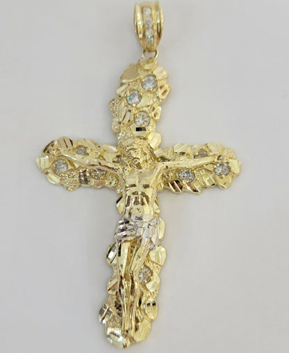14k Yellow Gold Cross Nugget Jesus Crucifix Pendant 3.5 Inch 14kt Gold Mens REAL - Reva Jeweler