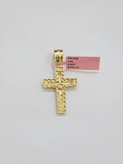 14k Yellow Gold Cross Nugget Pendant Jesus Crucifix 1.5 Inch 14kt Charm Men REAL - Reva Jeweler