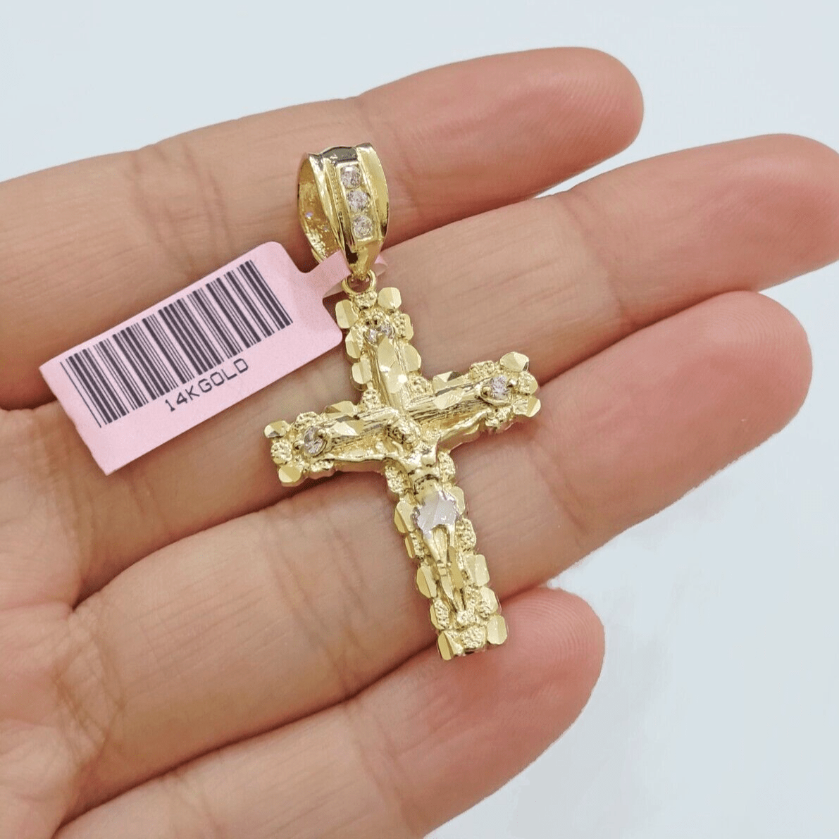 14k Yellow Gold Cross Nugget Pendant Jesus Crucifix 1.5 Inch 14kt Charm Men REAL - Reva Jeweler