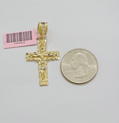 14k Yellow Gold Cross Nugget Pendant Jesus Crucifix 1.5 Inch 14kt Charm Men REAL - Reva Jeweler