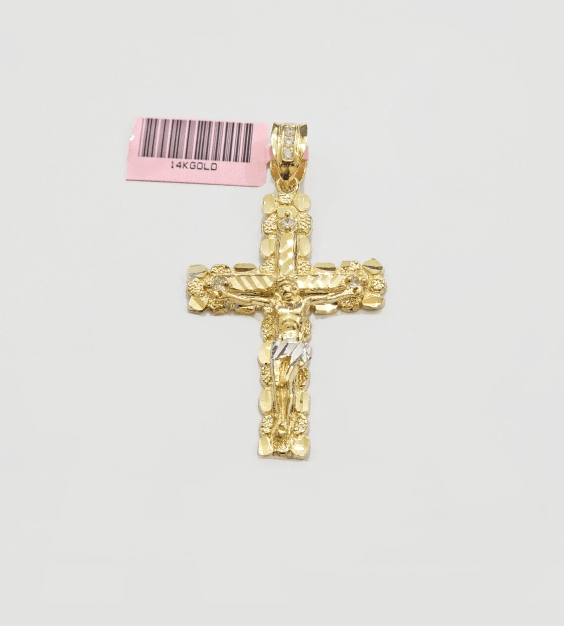 14k Yellow Gold Cross Nugget Pendant Jesus Crucifix 2 Inch 14kt Charm Men's REAL - Reva Jeweler