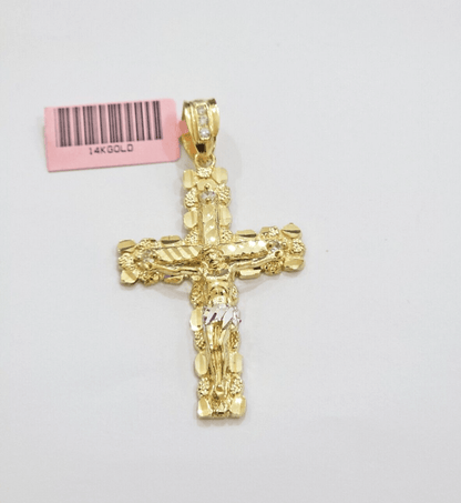 14k Yellow Gold Cross Nugget Pendant Jesus Crucifix 2 Inch 14kt Charm Men's REAL - Reva Jeweler