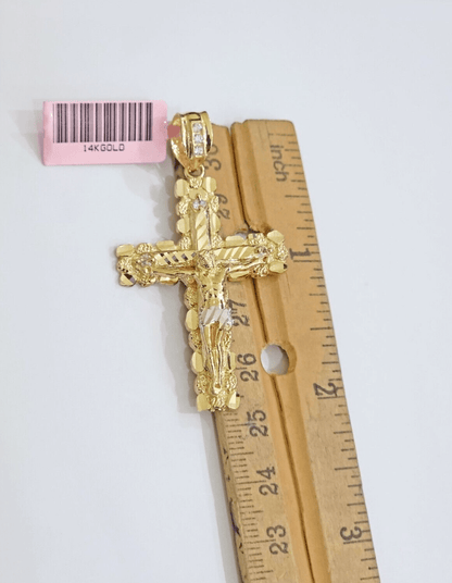 14k Yellow Gold Cross Nugget Pendant Jesus Crucifix 2 Inch 14kt Charm Men's REAL - Reva Jeweler
